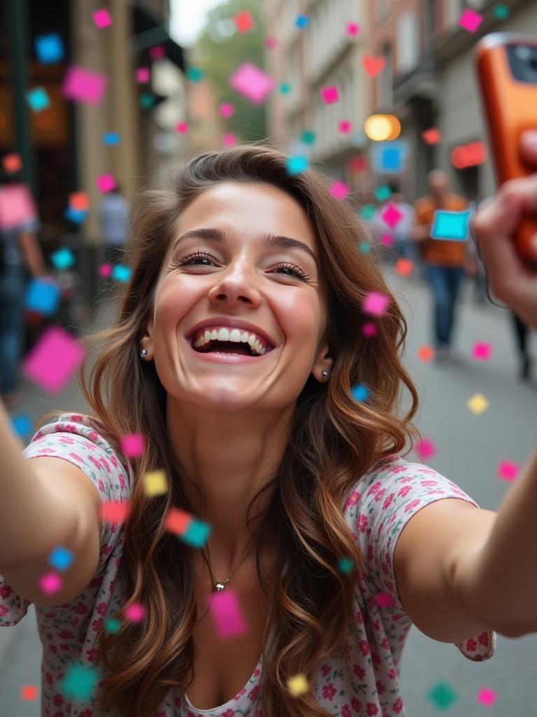 Person takes selfie with colorful confetti in the background. Joyful atmosphere captured during a celebration or event. The scene is lively and engaging.