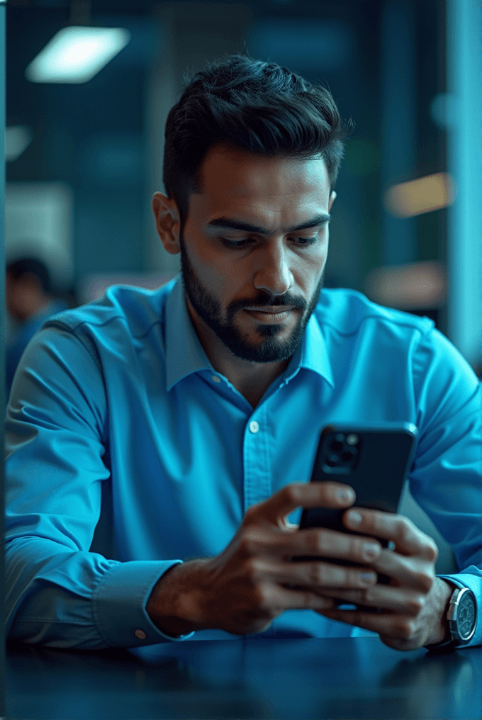 A man with a beard, in a blue shirt, sits at a table in a dimly lit room, engrossed in his phone.