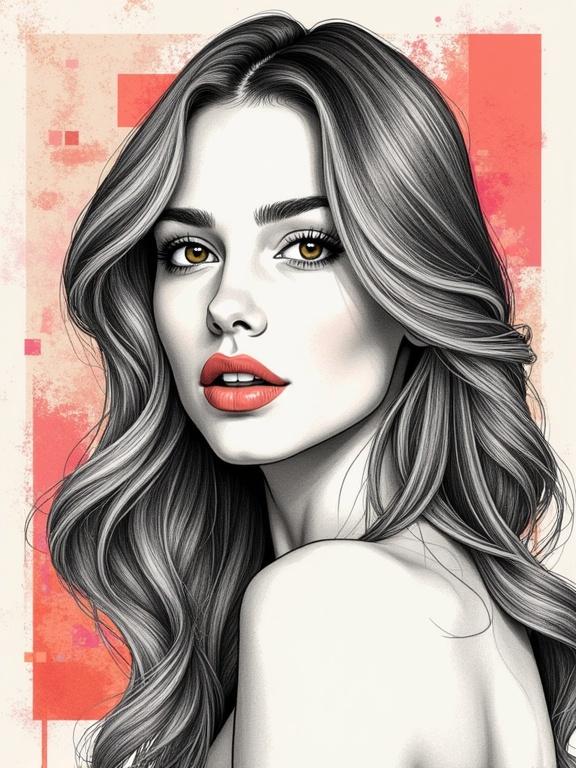 Convert photograph to detailed pen and ink illustration. Use monochromatic black and white portrait base. Add selective vibrant color accents. Render flowing wavy hair in detailed line work. Depict realistic facial features with fine cross-hatching. Highlight coral-colored lips as single focal accent. Set against a clean neutral textured background. Employ contemporary mixed media art style. Combine traditional drawing techniques with modern digital collage elements. Create high contrast between monochrome sketch and vibrant geometric patterns. Ensure professional illustration quality with artistic hand-drawn aesthetic.