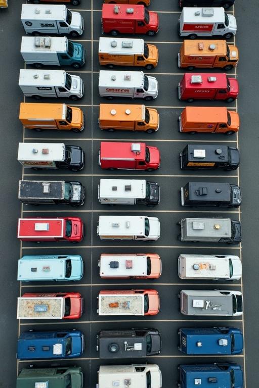 Aerial view of a parking lot for forty four food trucks aligned in a neat arrangement. Trucks are parked horizontally in defined spots.