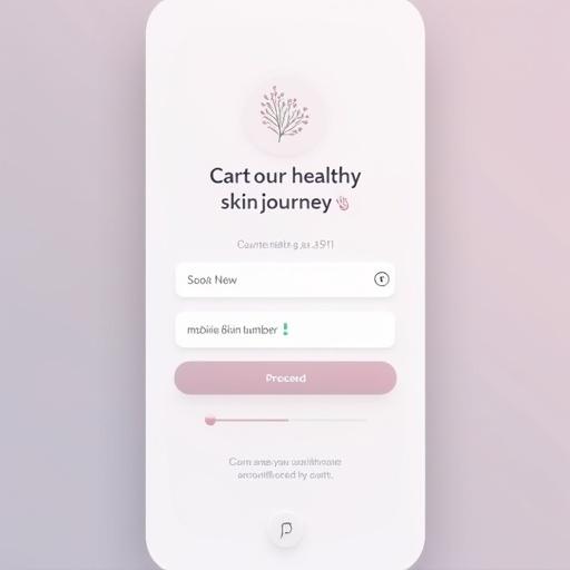 Mobile app login screen designed for skincare and haircare wellness. Features a friendly heading, mobile number input field with country code, disabled proceed button, subtle UI elements, and privacy policy mention. Utilizes soft colors and gentle shadows.