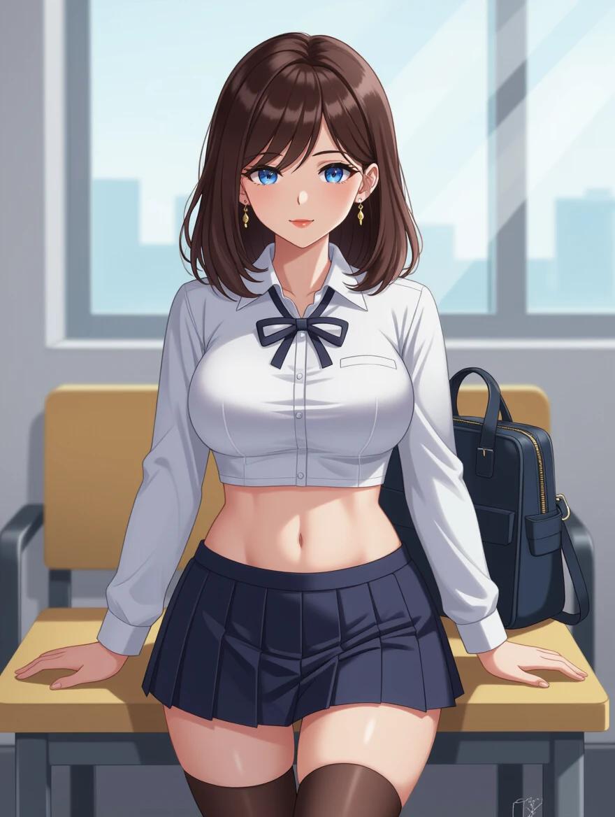 Full body image of a mature caucasian female character. Character features liquid-blue eyes, styled dark brown hair, and wears a tight school uniform paired with a padded skirt and high-knee socks. Plump body shows wide hips and extra belly with flashy earrings. Environment appears casual.