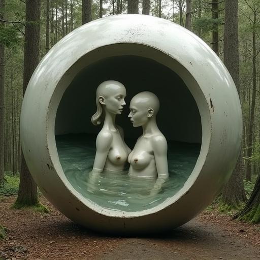 Abstract sculpture of two figures representing a woman and a man swimming in water within a hollow sphere in a forest setting. Bodies transition from human shape to spherical shape.