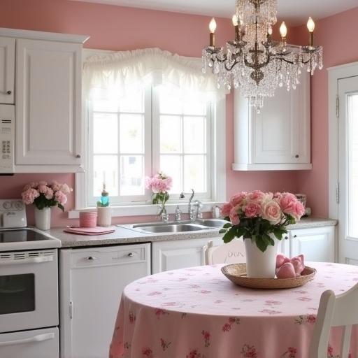 Light pink and white shabby chic kitchen featuring a crystal chandelier. Light pink roses in white flowerpots on either side of the sink. White appliances complement the decor. Light pink rose print tablecloth on a round white table with chairs. Light pink walls create a warm atmosphere.