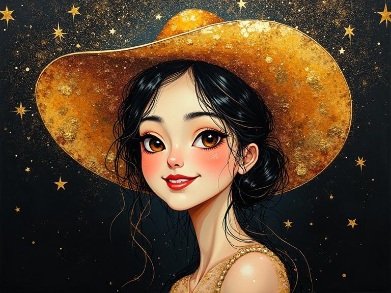 A smiling woman wears a hat resembling a lepiote. The artwork features dripping ink painting techniques. Golden sparkles and stars fill the background. Bright colors dominate the image, with burnished gold and rust edges on a black canvas. The composition conveys happiness and abstraction with high contrast elements.