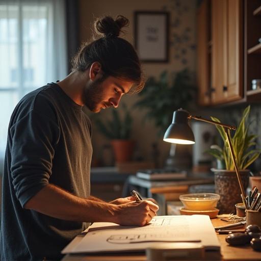 A man working as an interior designer is focused on his task in a well-lit workspace. The desk is cluttered with design materials, and a plant is present in the background.