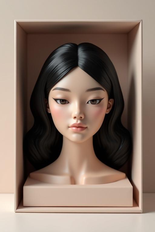 Realistic female head with black hair is placed in a soft box. The box is neutral-toned and modern. The lighting is soft and highlights the head and box design. The head has no neck and is the main focus.