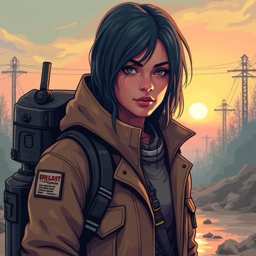 Post apocalyptic character depicted in pixel art style. Features a young woman with teal hair wearing a stylish coat. Background shows a desolate landscape with power lines during sunset.
