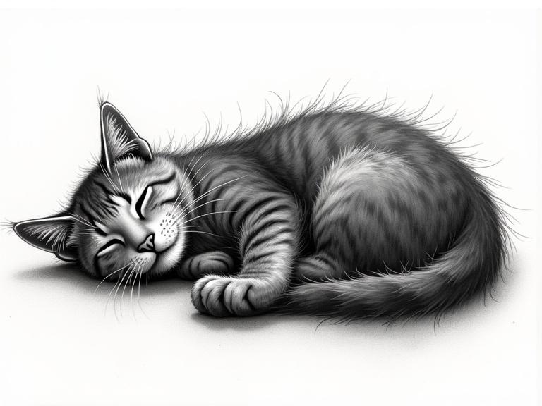 Detailed scratchy drawing of a sleeping cat in dark silver and light black with wet-on-wet blending meticulous inking and a white border around the cat.