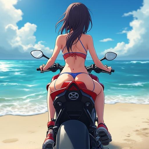 Anime girl wearing bikini sitting on a race bike looking at the ocean