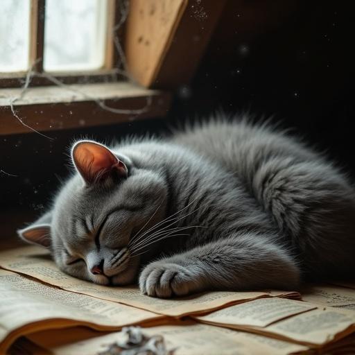Chubby gray cat sleeping on pile of old newspapers. Dim attic with sunlight through small window. Grid pattern on fur. Dust particles in sunlight. Cobwebs hanging from rafters. Pink wrinkles on paw pads and moth on ear. Warm tones and vintage atmosphere.