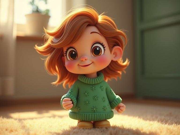 Adorable Disney cartoon character with a green sweater. Character has beautiful eyes and a cheerful expression. The setting is cozy with soft lighting.
