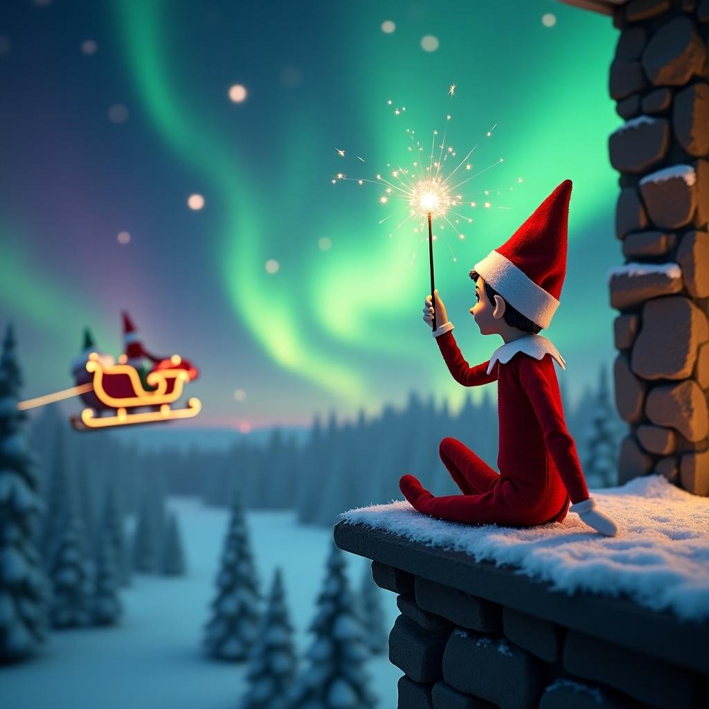 An elf on the shelf sits on a ledge, facing the sky, with a wand sparkling in hand. The background features a magical Christmas scene illuminated by colorful northern lights. In the distance, Santa is seen joyfully flying in his sleigh. The elf is clothed in a classic red outfit adorned with a pointed hat, symbolizing the festive holiday spirit. Twinkling stars further enhance the enchanting atmosphere of the night. This scene captures the essence of Christmas magic.