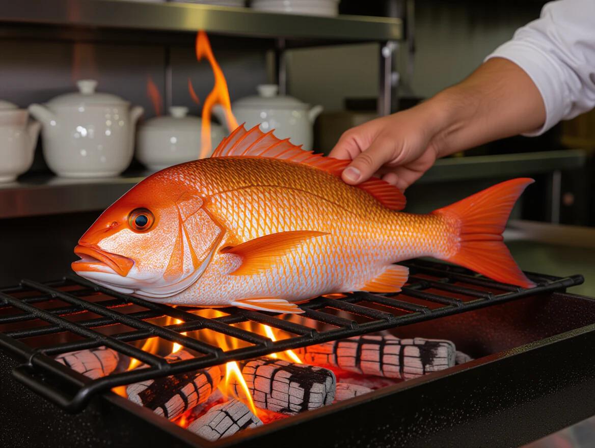 Close-up photograph of a large red snapper fish grilling. Vibrant orange-red scales. Positioned horizontally on a black grill grate. Open flame with burning wood logs. Person's hand with a white sleeve adjusting the fish. Kitchen setting in the background with white ceramic cookware. Warm natural lighting creates a golden glow. Professional food photography quality. Slightly blurred background.