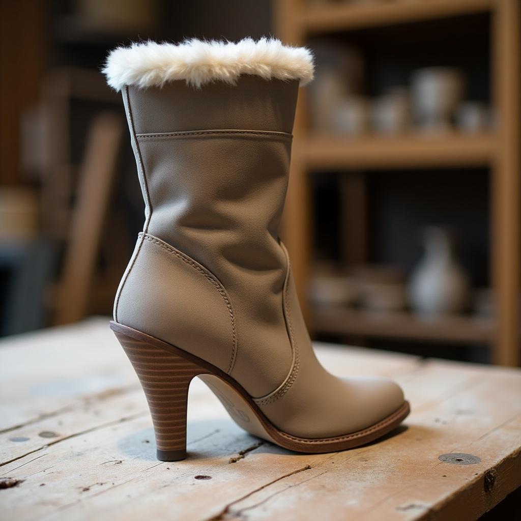 Side view of a heeled winter boot with soft fur trim. Boot is on a wooden surface. Heel is not connected. Showcases elegant design and craftsmanship.