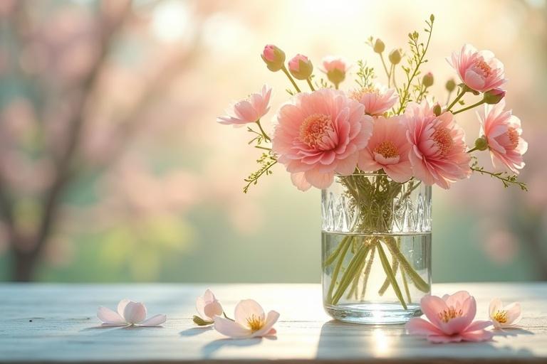 Glamorous spring image featuring a crystal glass containing flowers. Soft background of spring scenery. Diffused light enhances the beauty of the scene. Glass positioned to the right side of the image.