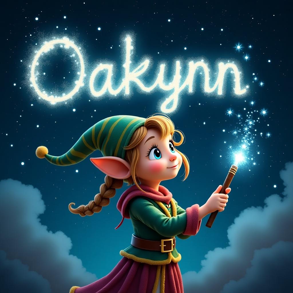 Elf holds magical wand. Writing name in sparkling letters. Name is Oaklynn. Background features starry night sky. Dark clouds enhance luminous text. Elf wears colorful clothing. Scene conveys whimsical atmosphere.