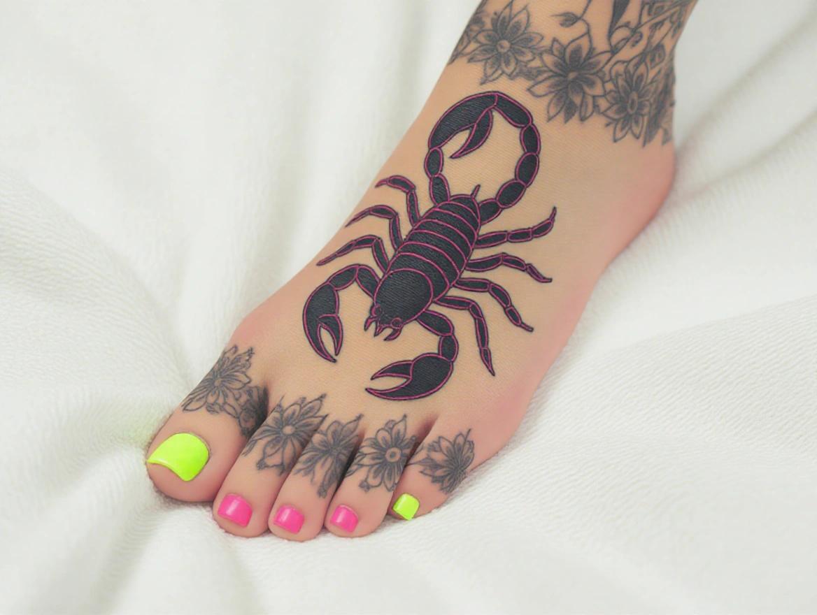 Foot adorned with neon-colored toenails. Black ink scorpion tattoo featured prominently. Beautiful foot display with floral designs around the ankle.