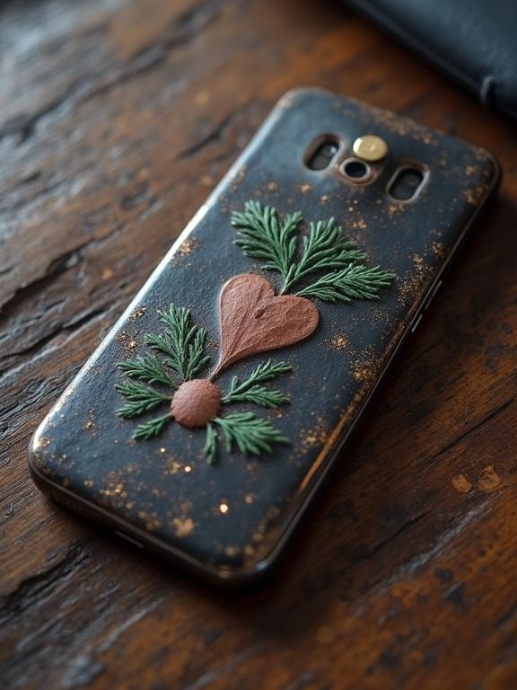 A cellphone with an intricately designed case featuring a heart and foliage. The case has a dark background with gold accents placed on a wooden table.