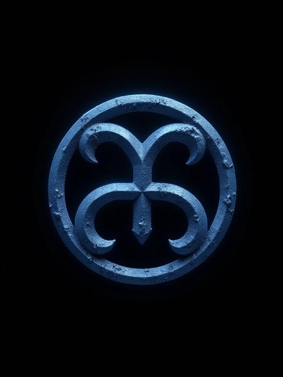 A blue metallic logo symbol in a circular shape depicting the four elements with magic theme. High-quality design with clean lines on a black backdrop. No text included and uses bold lines.