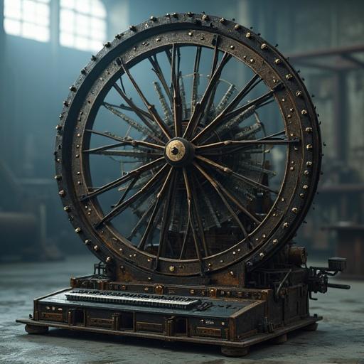 Giant mechanical music box with fly wheels is placed in a dark and dusty industrial environment. The design includes a synthesizer to generate music.