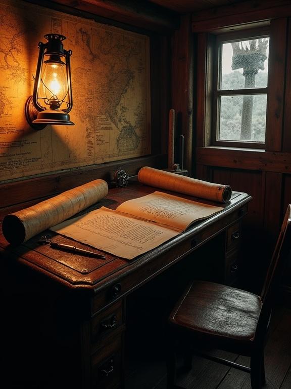 First-person view inside a dim captain's cabin of an old 19th-century sailing ship. In front sits a wooden desk with nautical maps, a swinging compass, and a logbook. The logbook has an unsettling entry about the crew. The cabin is lit by an oil lantern with shadows on stained wood and parchment. The air is dusty and damp with a watchful atmosphere.