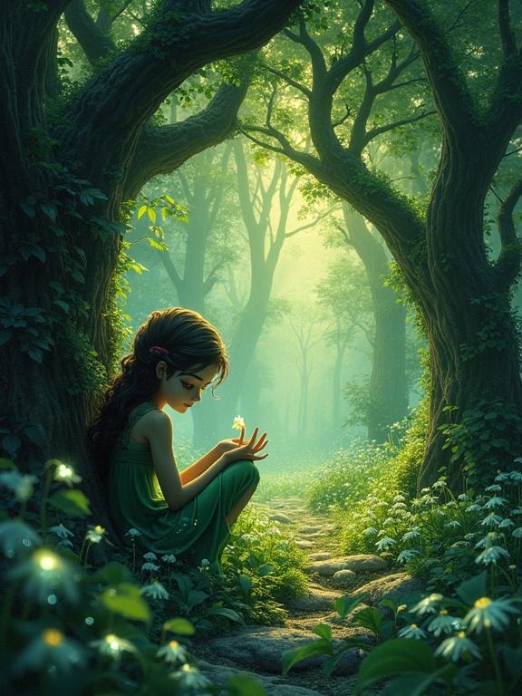 A mischievous sprite plays with lily of the valley in a forest. The sprite shows wide eyes of curiosity. Soft light filters through foliage. Patterns of branches and leaves create depth on the forest floor. Dark forest substrate contrasts with glowing elements. Whimsical fairytale style meets art nouveau and psychedelic influences.