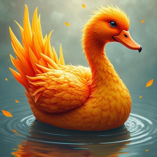 Hybrid creature resembling a duck with plumage like a phoenix. Head of a duck, body covered in feather-like flames. Floating gracefully on water. Background with soft lights and gentle colors.