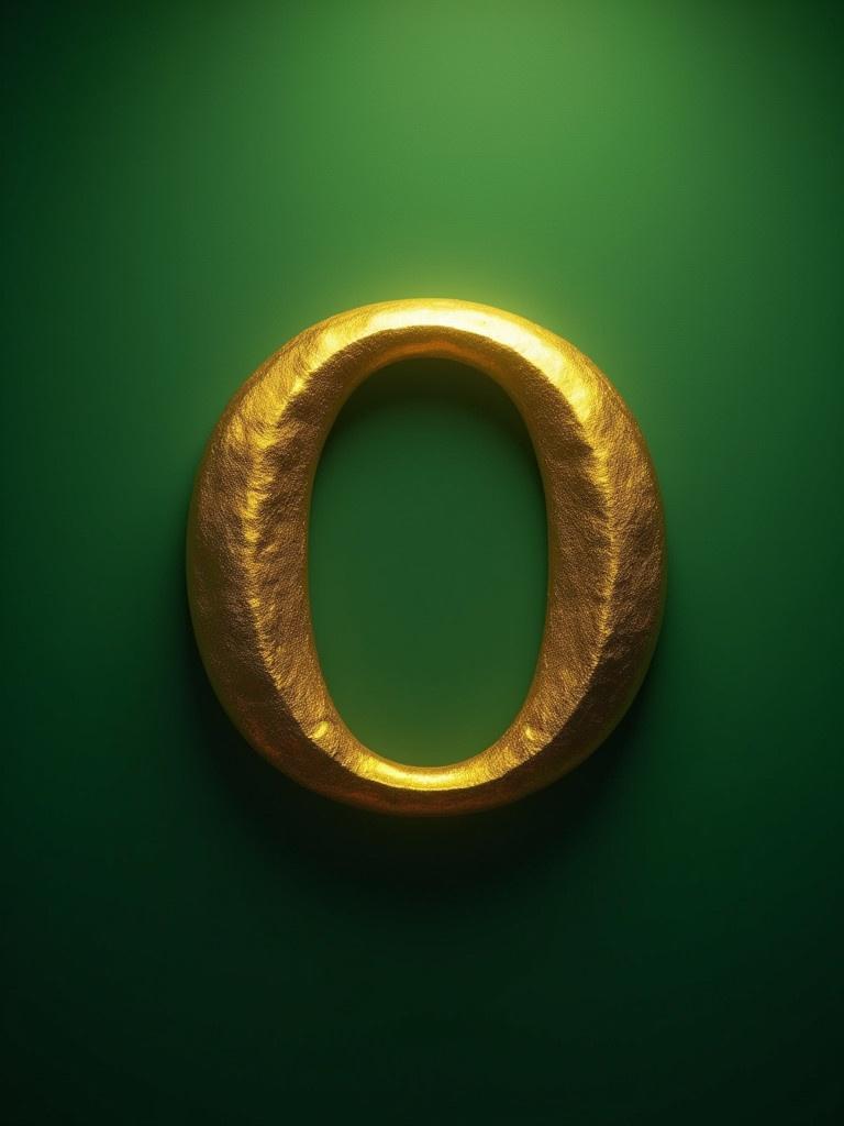 Close up view of a golden letter O set against a rich green backdrop. The letter has a shiny surface, subtly reflecting light. Emphasis on shape and color harmony. Designed for a cinematic effect inspired by modern art.