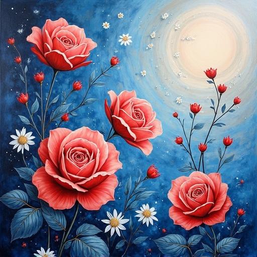 Large size modern hand painted art with spring flowers. Features blue and red roses with white daisies on a blue background. Bright and colorful composition.