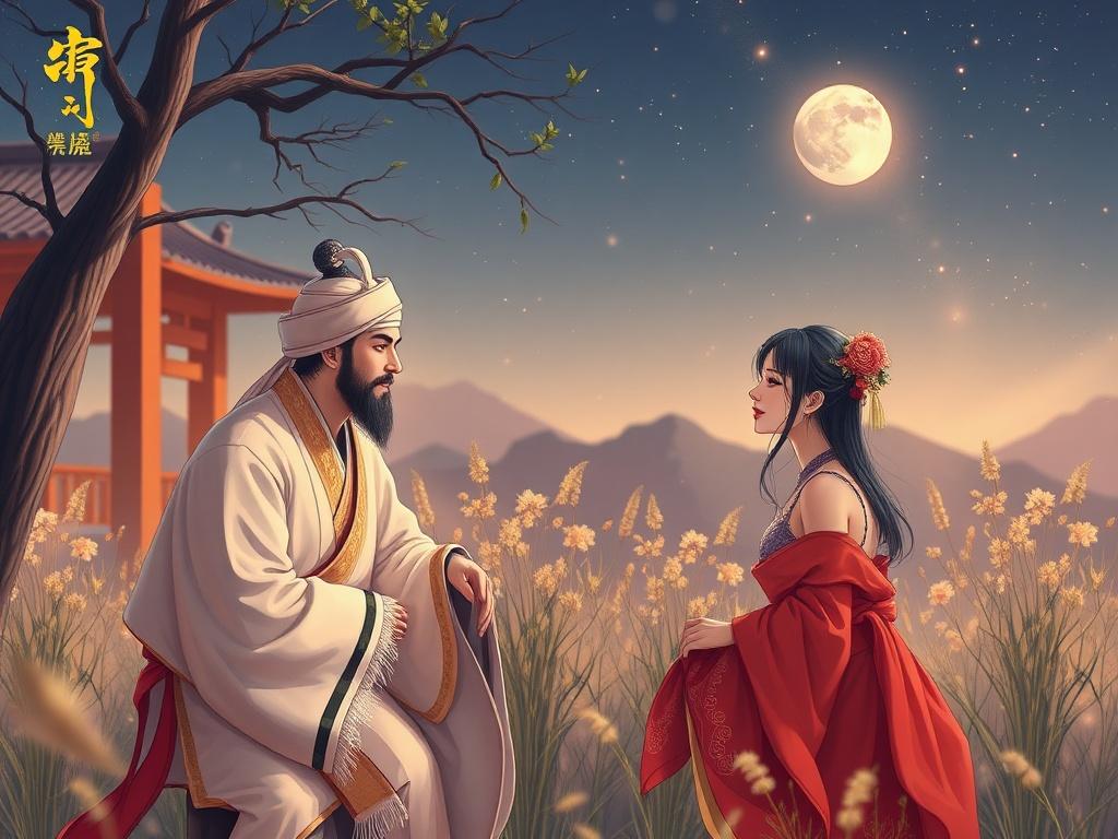 A traditional Chinese art style illustration featuring a man and a woman in historical attire, sitting in a field under the full moon. The man wears a white robe and hat, reminiscent of ancient Chinese scholar garments, while the woman wears a red traditional dress with floral accessories in her hair. They're surrounded by tall grass, with a traditional building in the background and a large full moon illuminating the scene.