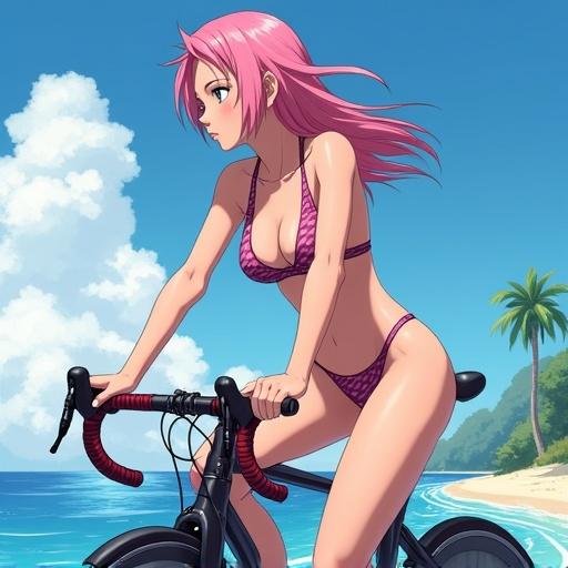 Side view of anime character in bikini riding a race bicycle on the beach near palm trees and ocean.