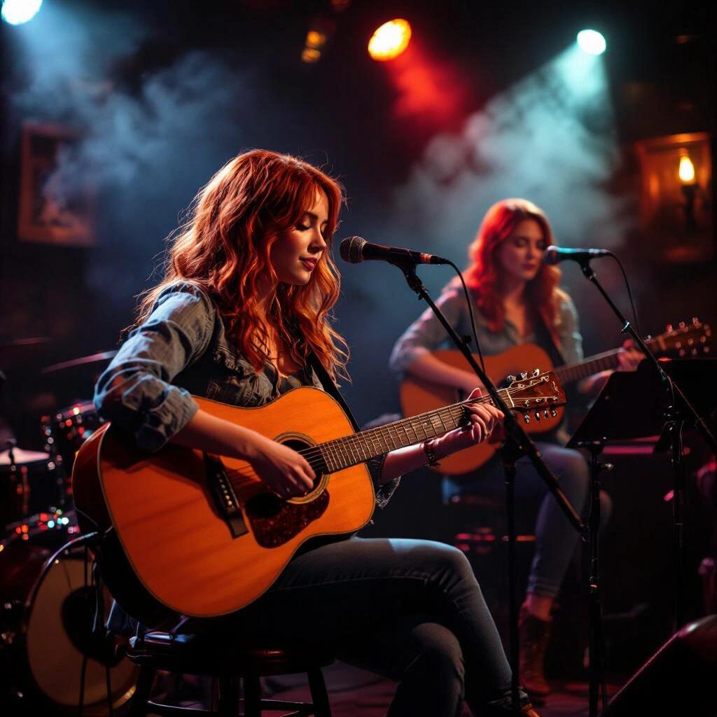 Distance view of a girl with red hair playing guitar on stage. Dark smoky pub night scene. Emphasizes the live music atmosphere.