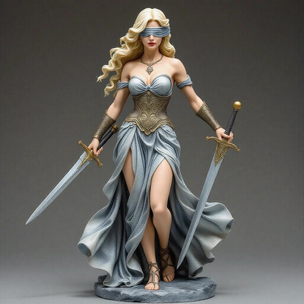 Resin statue depiction of a goddess based on Libra zodiac sign. Sensual blindfolded blonde woman displays a powerful expression. She balances delicately on one foot, striking a heroic pose. Long flowing dress with folds creates movement like a breeze. Dress features ethereal design in cool silver and gray tones. A sheathed sword rests on her back.