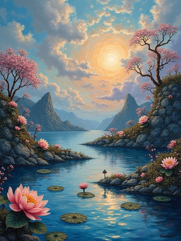 Artwork blending surrealist and impressionist styles. Dreamlike landscapes with rich textures. Soft impressions and swirling patterns. Ethereal flowers float on water and reflections add depth. Balanced composition invites exploration.