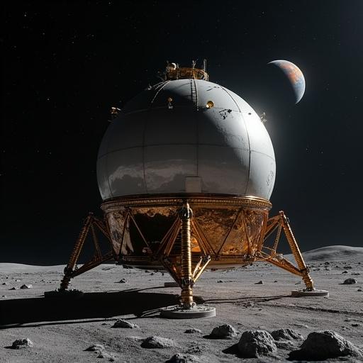 Lunar lander on the moon's surface with Earth visible in the background. The lander has a spherical shape and is designed for space exploration.