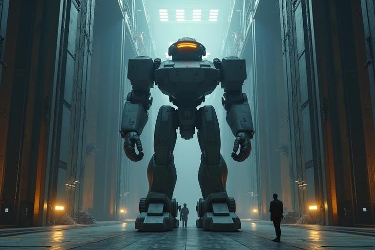 Cinematic low ground shot of a huge mecha in a dark hanger. The mecha is 190 ft tall with a grey metallic texture and mechanical joints. Small people are present near the mecha. There are bright spotlights and a yellow rotating beacon. The scene has reflections and shadows, emphasizing realism and atmosphere.
