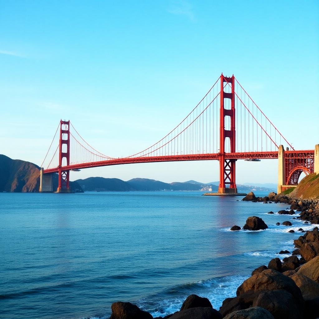 A scenic view of a red suspension bridge stretching over a tranquil body of water under a clear blue sky.