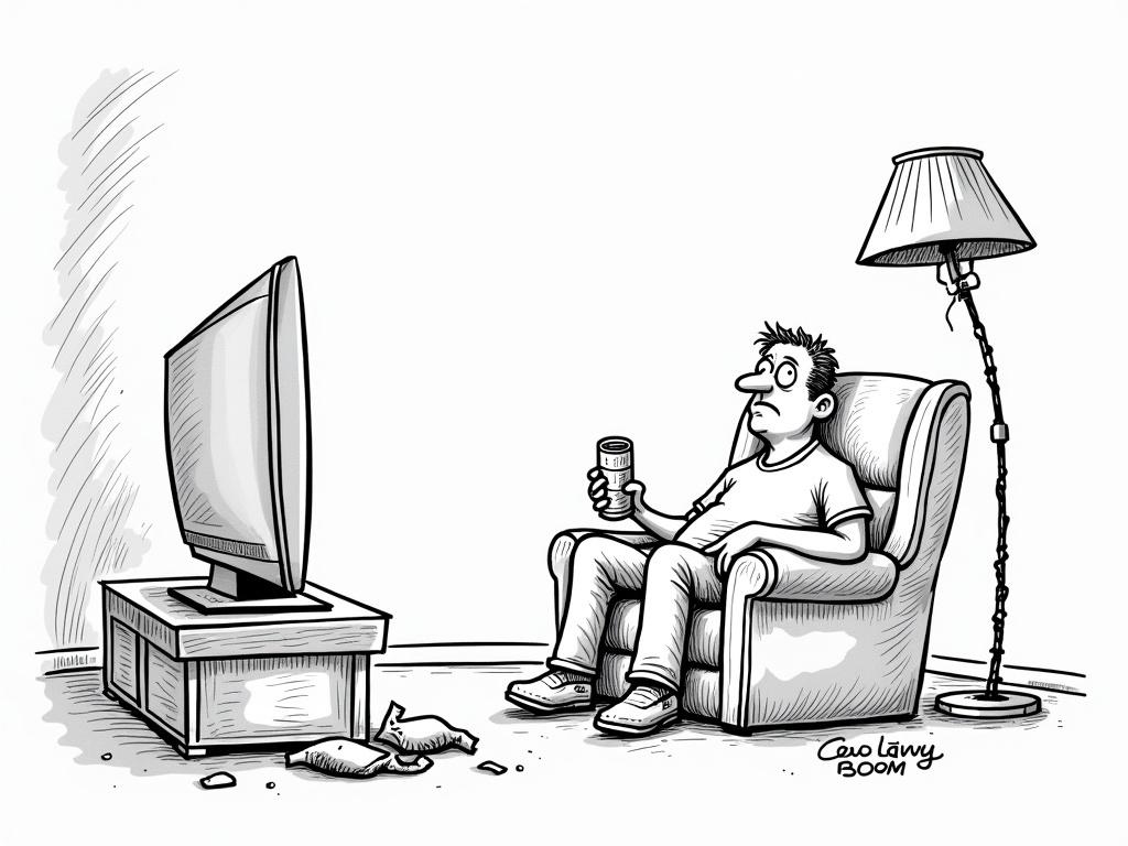 A black-and-white cartoon drawing depicts a man slouched in an armchair watching TV. He appears bored and holds a can of beer while his other hand is in his pants. The living room background is messy with empty chip bags and a crooked floor lamp. TV light highlights his face. Bold black lines used with a simple humorous style.