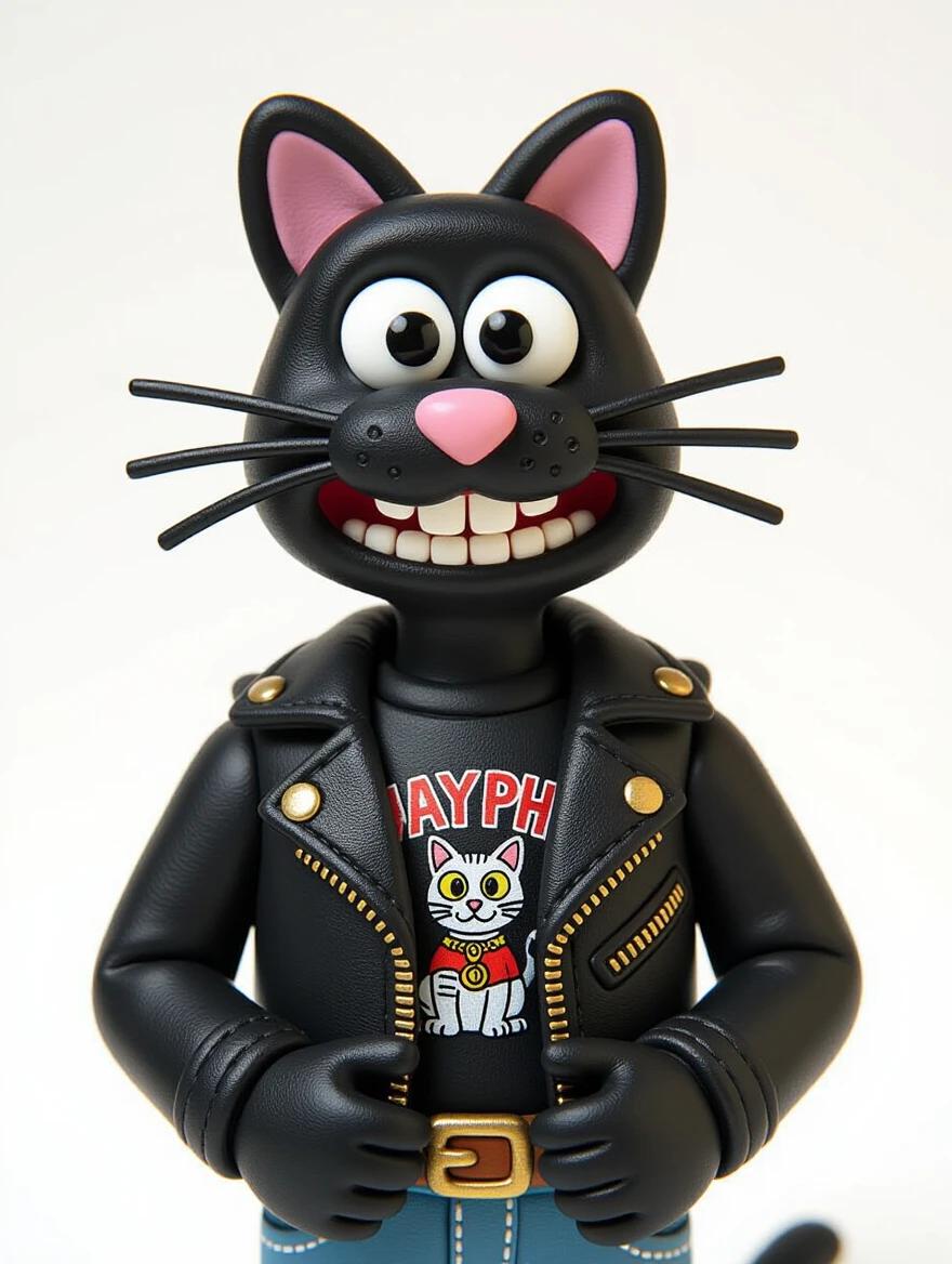 Cool black cat character. Wearing a leather jacket. Wearing a band t-shirt. Sculpted in play-doh style. Centered composition. Clay art.