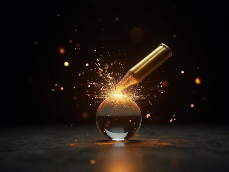 Slow motion video showing a golden bullet striking a glass orb. The orb shatters into sparkling pieces. Dark background with rim lighting. High-speed capture. Ultra-detailed visual effects.