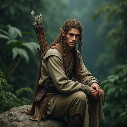 A beautiful male elf archer. Sits on a rock overlooking a jungle. He looks directly into the camera with a confident yet curious expression. Features detailed dreads with brown and white hair and wears a clean, long robe. The background is dark and intricate.