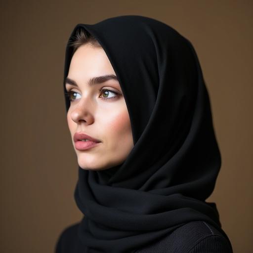 Woman wearing black hijab. Profile view. Soft lighting. Neutral background.