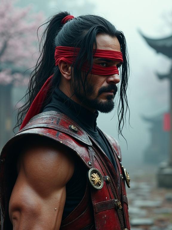 A hyper-realistic portrait of Kenshi from Mortal Kombat. Character has a stoic expression, long ponytail, and a crimson blindfold. Wears layered dark red and black armor covered in mystical symbols. Faces are marked by scars, ash, and blood. Background has mist and silhouettes of ruins or cherry blossom trees. Focus on intense warrior discipline.