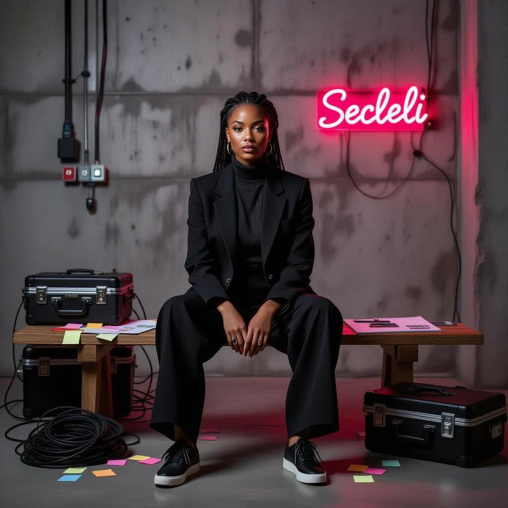 A Black woman with strong features sits on a wooden bench in an industrial studio. The background features concrete walls and exposed cables. She wears stylish black layers. Accessories include cords, hard cases, and Post-its scattered around. The setting has a moody atmosphere with neon light casting a glow. The woman has an introspective gaze while sketching in a book. The scene reflects creativity and individuality.