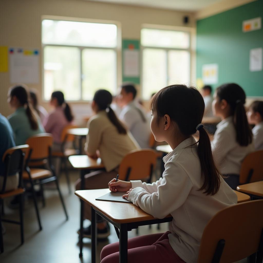 Images of a bustling classroom focusing on a young girl at her desk. She is sitting quietly while other students are engaged in their activities. Natural light fills the room, creating a warm atmosphere.