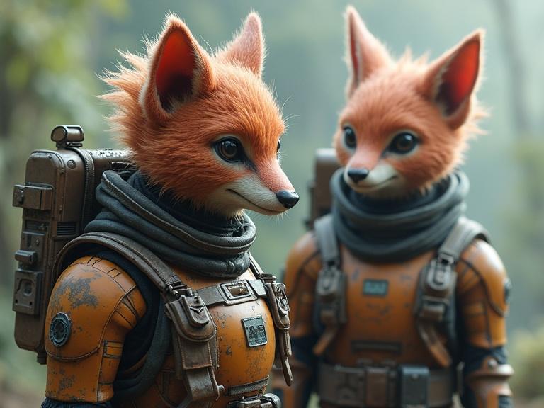 Furry humanoid aliens dressed in sci-fi military suits. Two distinct characters have fox-like features. They wear tactical gear and backpacks. Background is a blurred forest scene.