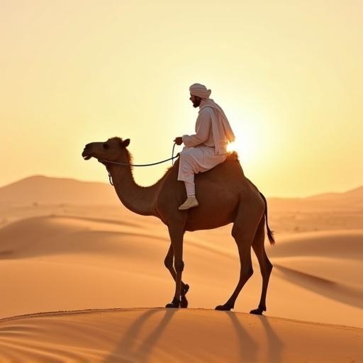 Image of a small Arab man riding a camel in the desert during sunset. Focus on the man and camel against a desert backdrop.