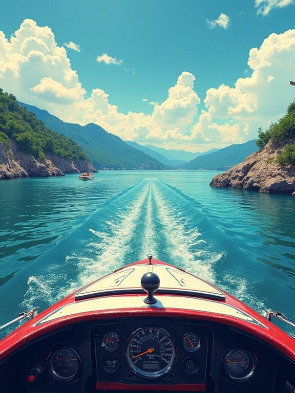 Breathtaking view over water from cockpit. Vibrant pop art style. Blue lake with mountains around. Bright sky with clouds. Boat speeding forward.