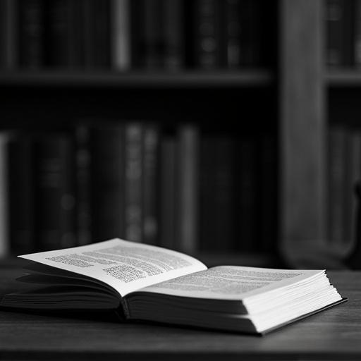 Black and white portrait of law books captured in a relaxed introspective moment. On a table in a lawyer's library. Background is minimalist and softly blurred to maintain focus on the books. Dramatic cinematic lighting.